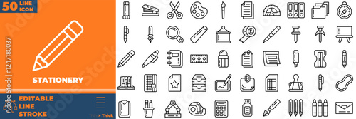 Stationery Line Editable Icons set. Vector illustration in modern thin line style of stationery icons: pen, write, pencil, note, edit, writer, document, etc