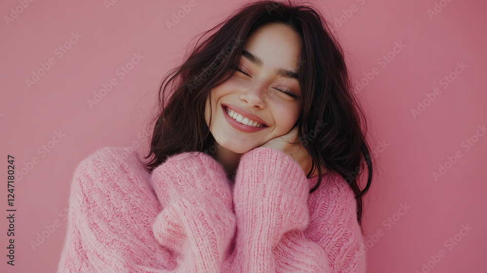 Happy young woman in a cozy pink sweater smiling, concept of warmth and joy Happy young woman in a cozy pink sweater smiling, concept of warmth and joy