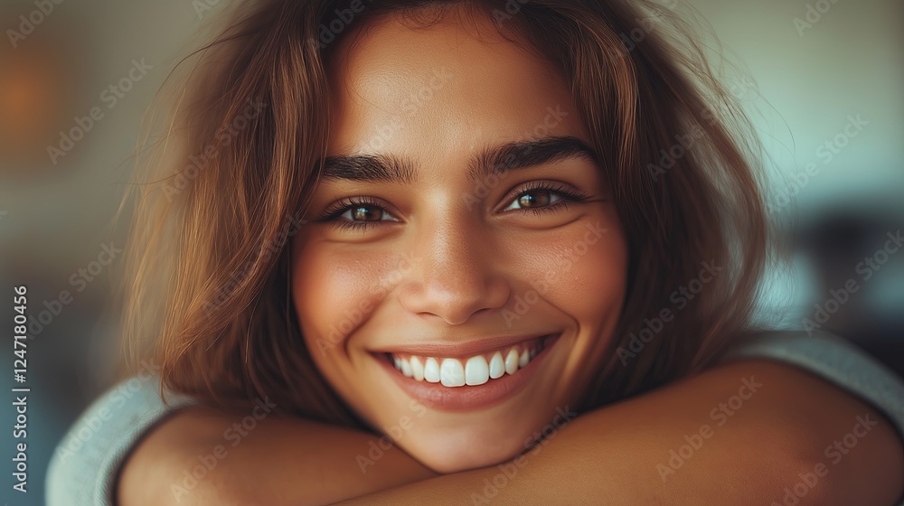 Close-up portrait of a brunette woman with a radiant smile, concept of confidence and positivity Close-up portrait of a brunette woman with a radiant smile, concept of confidence and positivity