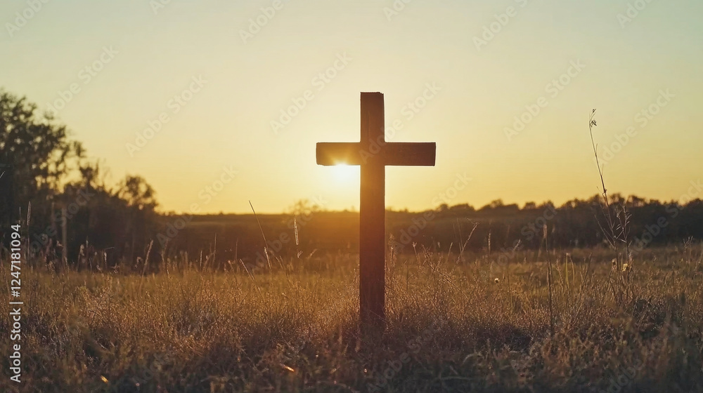 Silhouette of a wooden cross glowing in the golden hour light of an open field Silhouette of a wooden cross glowing in the golden hour light of an open field