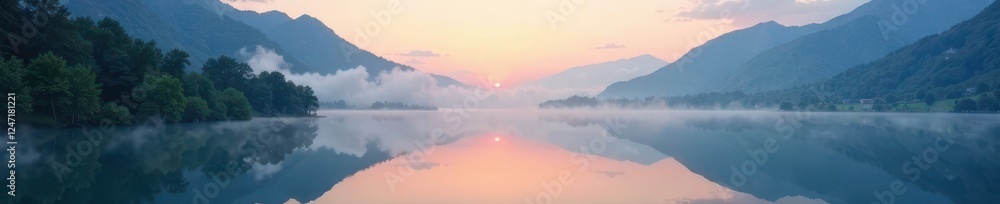 A soft layer of mist envelops the serene mountain lake at dawn, serene, peaceful A soft layer of mist envelops the serene mountain lake at dawn, serene, peaceful