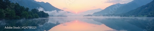 Wallpaper Mural A soft layer of mist envelops the serene mountain lake at dawn, serene, peaceful Torontodigital.ca