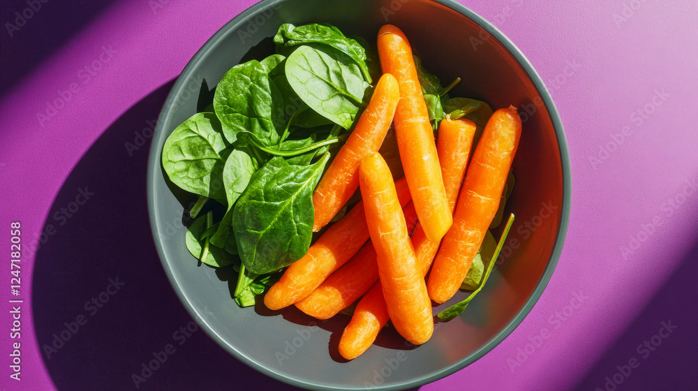 Fresh carrots and spinach in a stylish bowl under bright sunlight Fresh carrots and spinach in a stylish bowl under bright sunlight