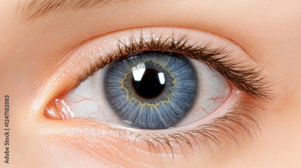 Obraz premium Close Up Photograph of a Blue Human Eye with Detail - A striking close-up of a blue eye showcasing intricate details, symbolizing beauty, clarity, perception, emotion, and uniqueness.