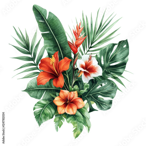 Vibrant Tropical Floral Arrangement with Exotic Leaves and Colorful Blossoms