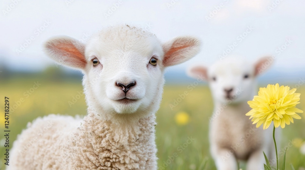Two lambs in spring meadow, flowers blurred background, cute farm animals Two lambs in spring meadow, flowers blurred background, cute farm animals
