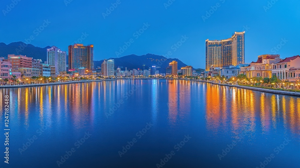 Obraz premium Cityscape, harbor, twilight, reflection, mountains, lights, Asian, waterfront, tourism, panorama