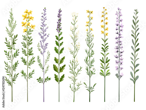 Wallpaper Mural Colorful floral illustrations of various wildflowers with green leaves and stems Torontodigital.ca