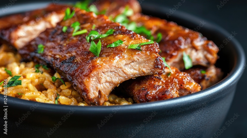 Delicious BBQ ribs on rice, close-up, food photography, recipe Delicious BBQ ribs on rice, close-up, food photography, recipe