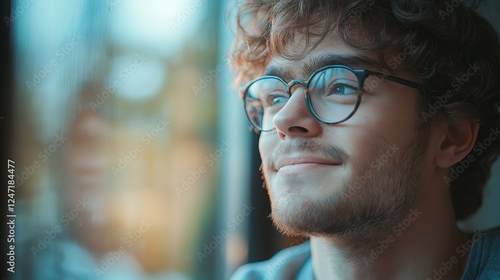 Fototapeta premium Smiling young man with curly hair and glasses looking out of a window, hopeful expression