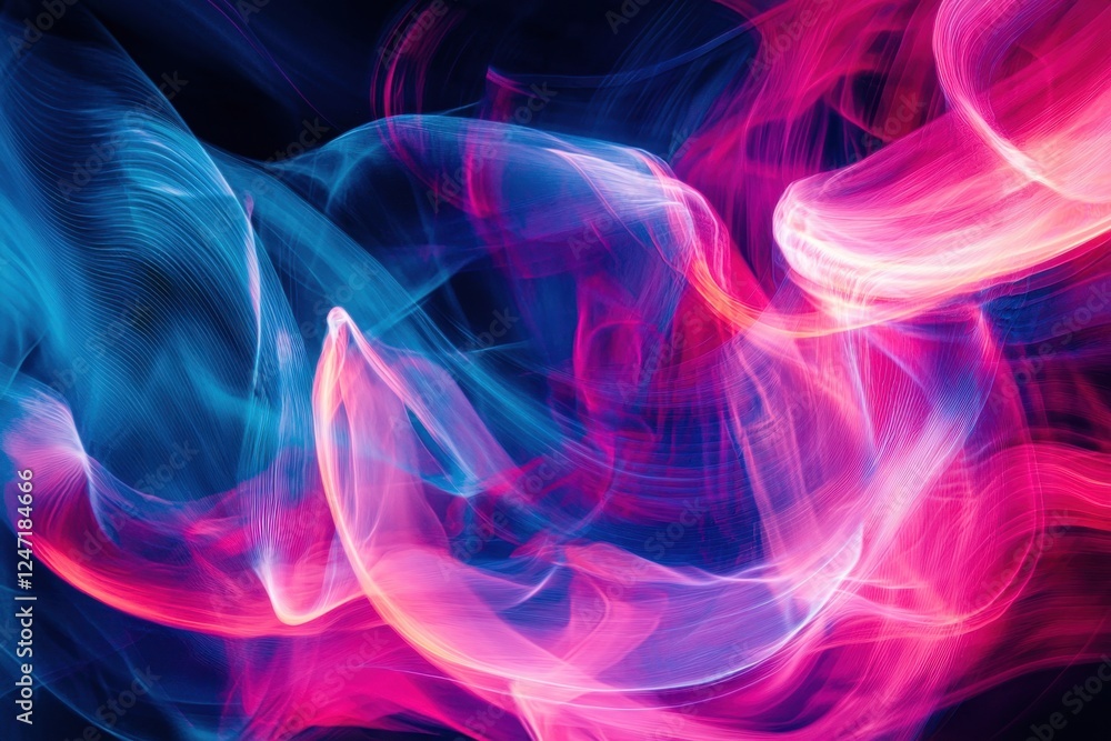 Fototapeta premium Vibrant abstract neon pink and blue light trails forming fluid shapes.