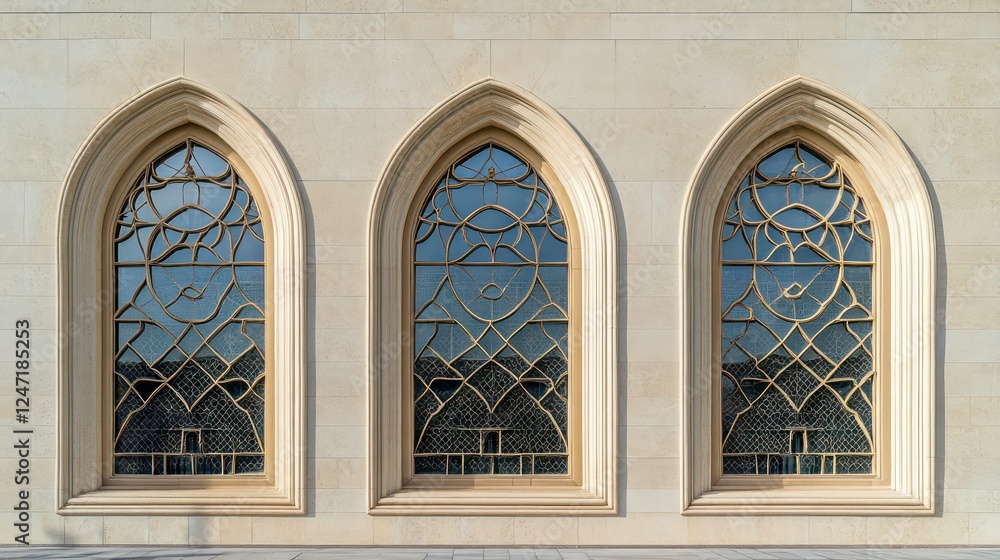 A photograph of three large arched windows on the side wall of an Arabic mosque A photograph of three large arched windows on the side wall of an Arabic mosque