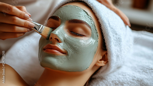 A photo from a beauty salon showing a woman lying down during a facial treatment while a healing clay mask is being applied to her face with a brush, creating a serene and relaxing atmosphere.