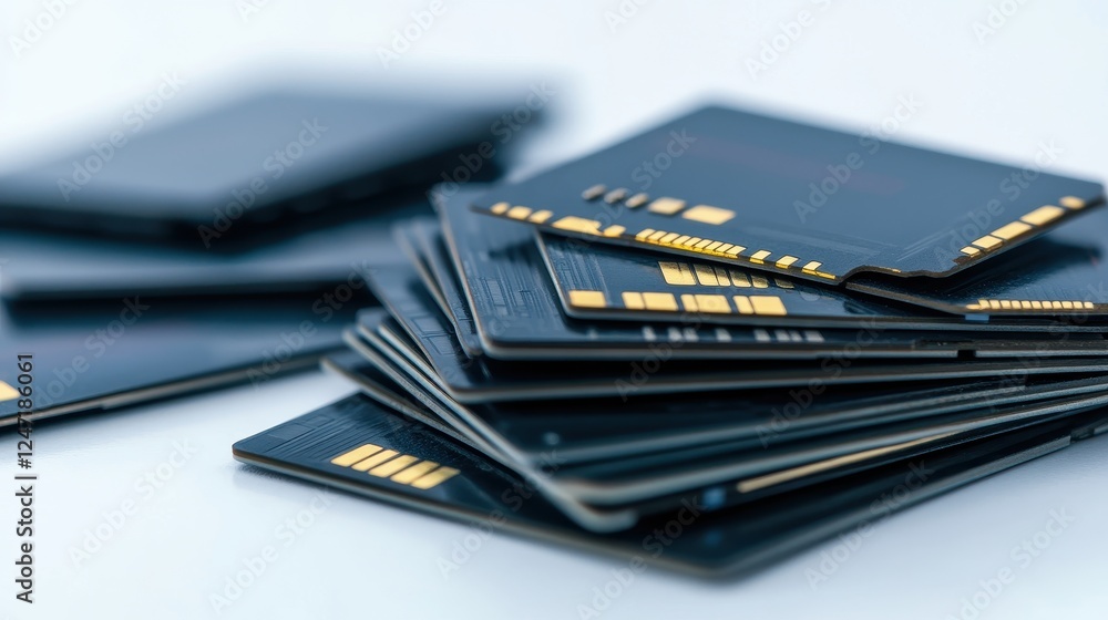 A single set of memory cards isolated on a white surface, ideal for promoting photography or video storage solutions. A single set of memory cards isolated on a white surface, ideal for promoting photography or video storage solutions.