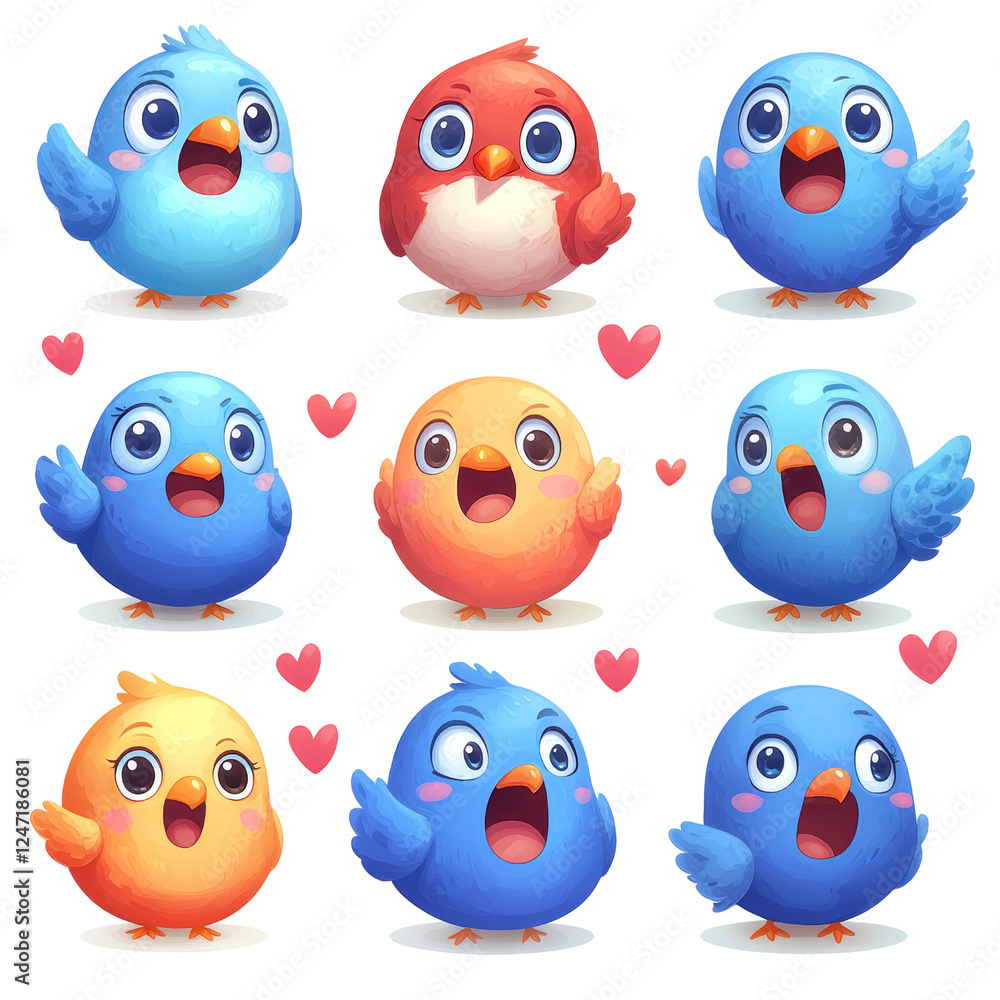 Fototapeta premium Colorful Cartoon Birds with Cute Expressions and Cheerful Poses in a Fun Layout