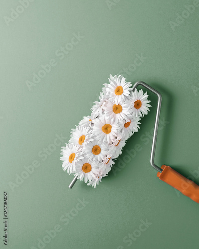 Paint roller covered with white daisies, creating effect of painting with flowers, against green background. Concept of renovation, nature, freshness, creativity.