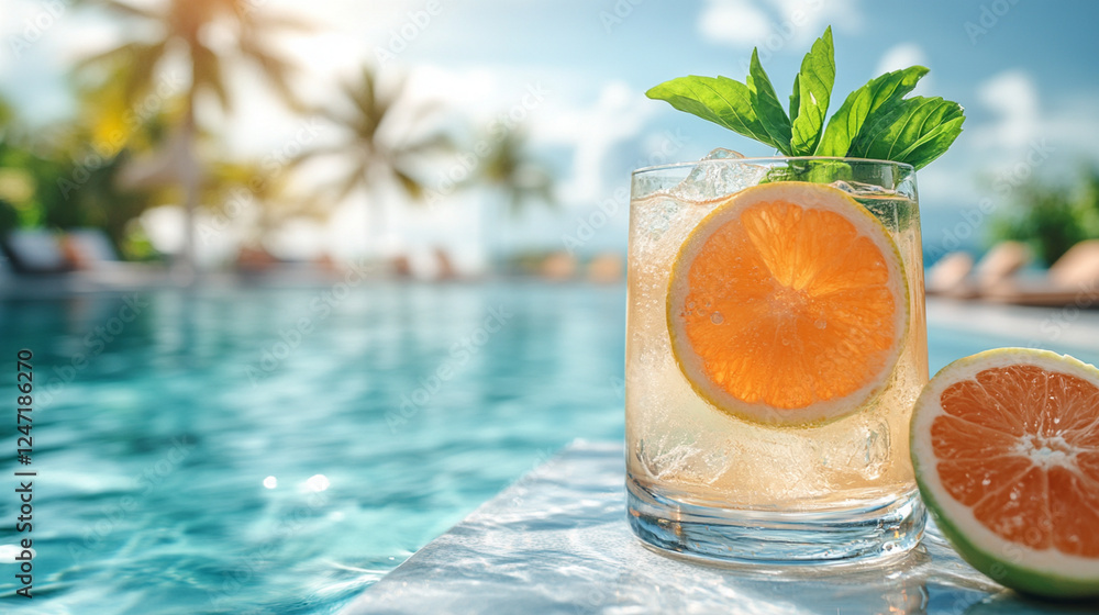 Refreshing cocktails with citrus slices placed by the poolside, surrounded by palm trees, clear blue water, and a glimpse of the sunny beach in the background Refreshing cocktails with citrus slices placed by the poolside, surrounded by palm trees, clear blue water, and a glimpse of the sunny beach in the background