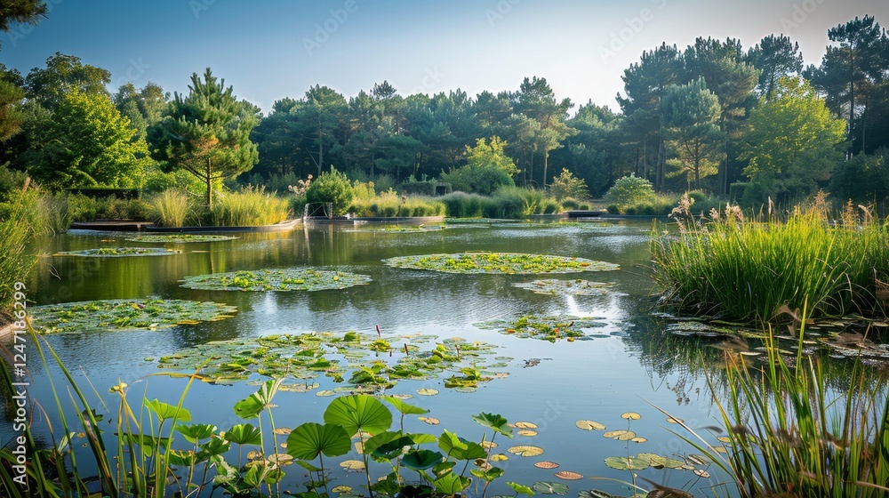 Fototapeta premium Vibrant aquaculture farm surrounded by lush water plants and a serene large pond under blue sky