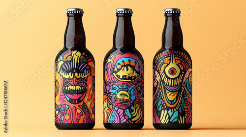 A beer bottle mockup with a bright, modern label design featuring abstract shapes and colorful splashes, set against a vibrant background, capturing a bold, youthful trend