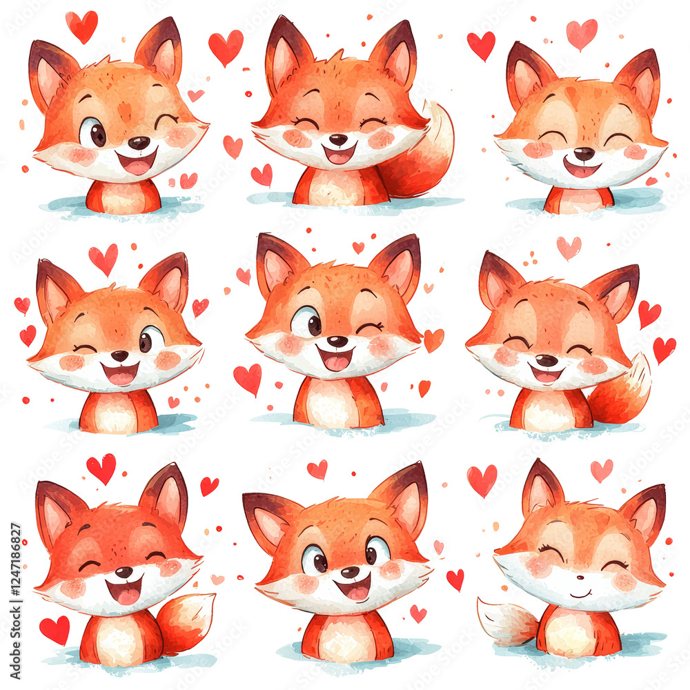 Cute Cartoon Foxes with Heart Expressions in a Fun and Playful Style Cute Cartoon Foxes with Heart Expressions in a Fun and Playful Style