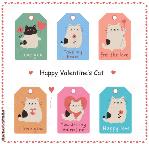 Cute Valentine's Day gift tags with cats, hearts, and love messages. Adorable romantic clipart for decorations. Creative Valentine tags featuring cute cats expressing love in a colorful design suitabl