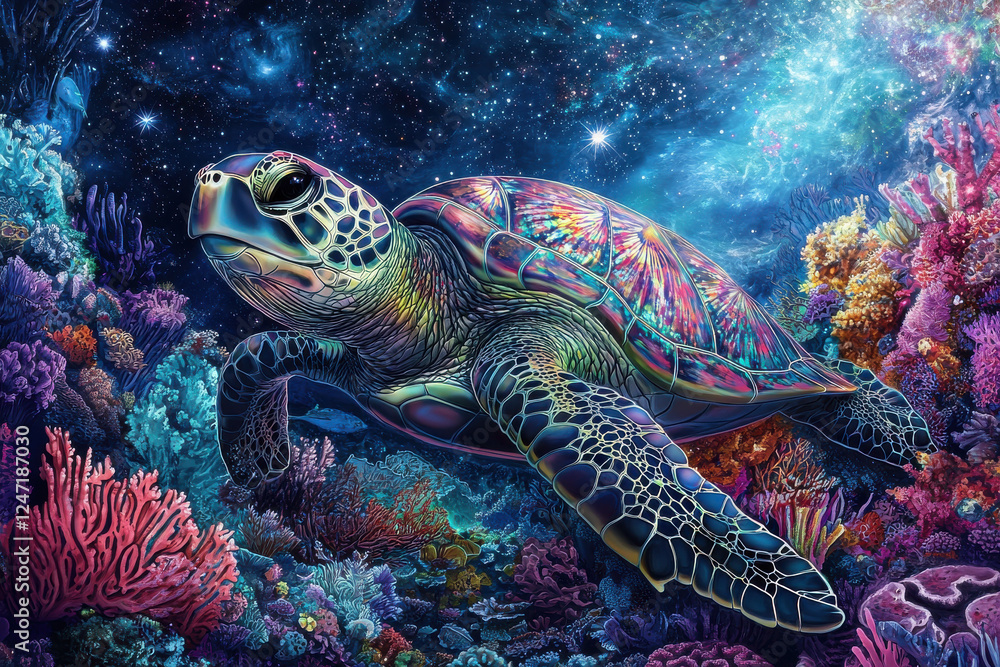 Fototapeta premium vibrant sea turtle swims through colorful coral reef, surrounded by starry ocean backdrop. intricate details and vivid colors create mesmerizing underwater scene