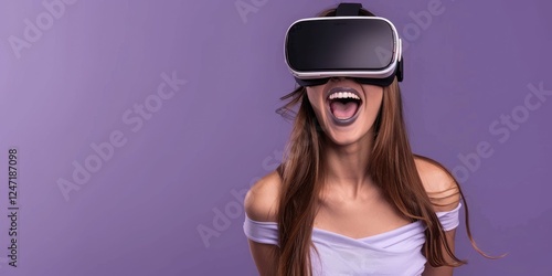 Young Woman Experiencing Virtual Reality With Wavy Purple Lights