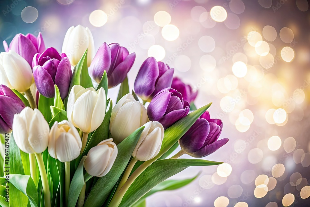 Obraz premium Spring Tulips - White and Purple Bouquet on White Background