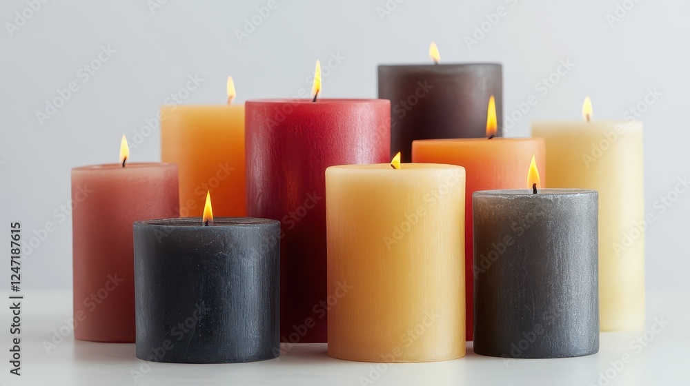 Close-up of a set of decorative candles on a white surface, perfect for home decor gift marketing. Close-up of a set of decorative candles on a white surface, perfect for home decor gift marketing.