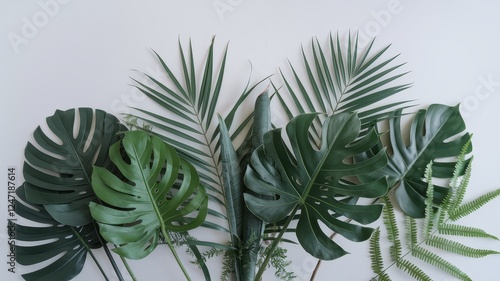 A vibrant arrangement of palm leaves and ferns creates a fresh, tropical vibe against a neutral backdrop.