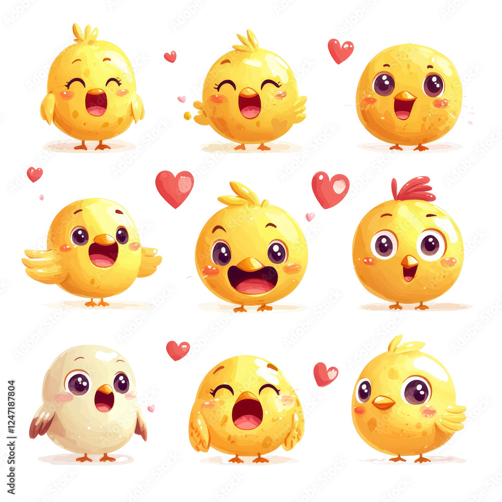 Fototapeta premium Cute Cartoon Chick Characters with Joyful Expressions and Colorful Hearts Around Them