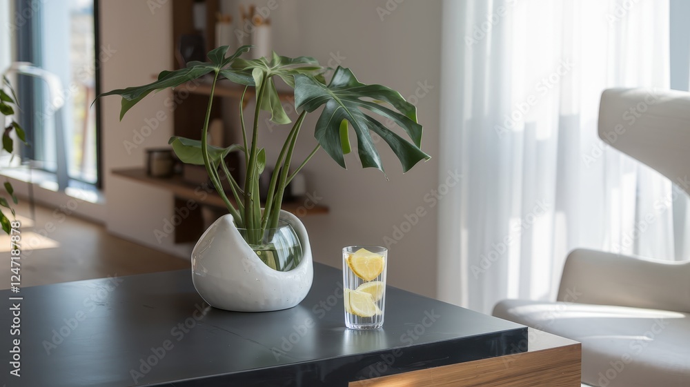 Fototapeta premium A stylish indoor setting featuring a potted green plant and a refreshing glass of lemon water, creating a calm and serene atmosphere.