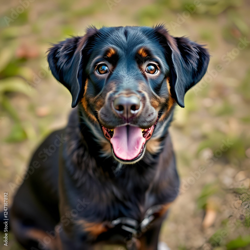 A playful Labrottie dog sitting on a , looking curiously at the camera, with its tongue out and ears perked up photo