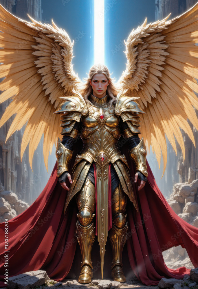 Warrior angel in golden armor with powerful expression standing in a mystical environment
Warrior angel in golden armor with powerful expression standing in a mystical environment