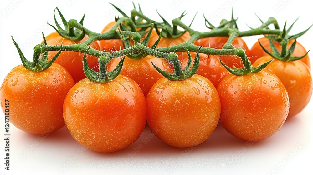 A cluster of fresh, ripe tomatoes on the vine, glistening with moisture. A cluster of fresh, ripe tomatoes on the vine, glistening with moisture.