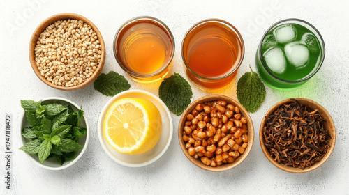 Ingredients_for_a_refreshing_beverage:_honey,_tea,_lemon,_mint,_and_grains.