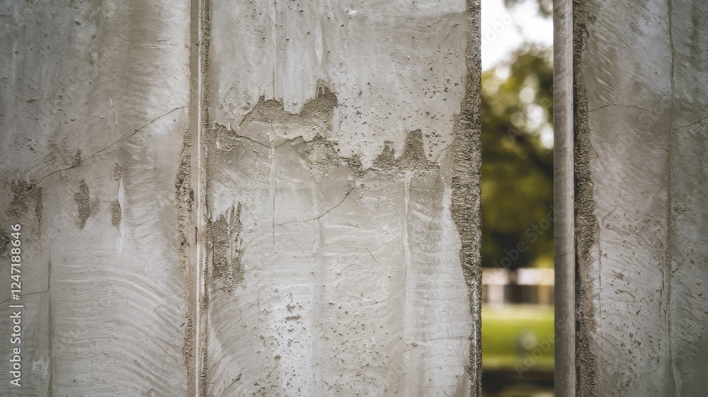 Close-up of textured concrete wall, showcasing the raw and weathered surface in muted tones, with a soft focus on greenery in the background. Close-up of textured concrete wall, showcasing the raw and weathered surface in muted tones, with a soft focus on greenery in the background.