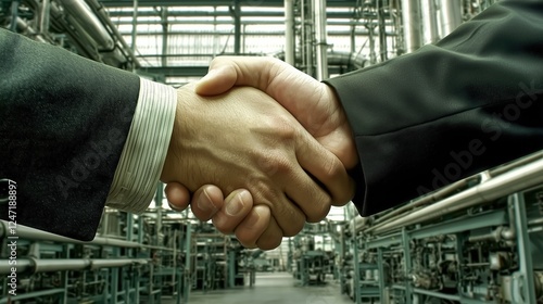 Tax incentives for local industry: handshake in front of an industrial facility. The image represents government support, economic policy, and national production growth.