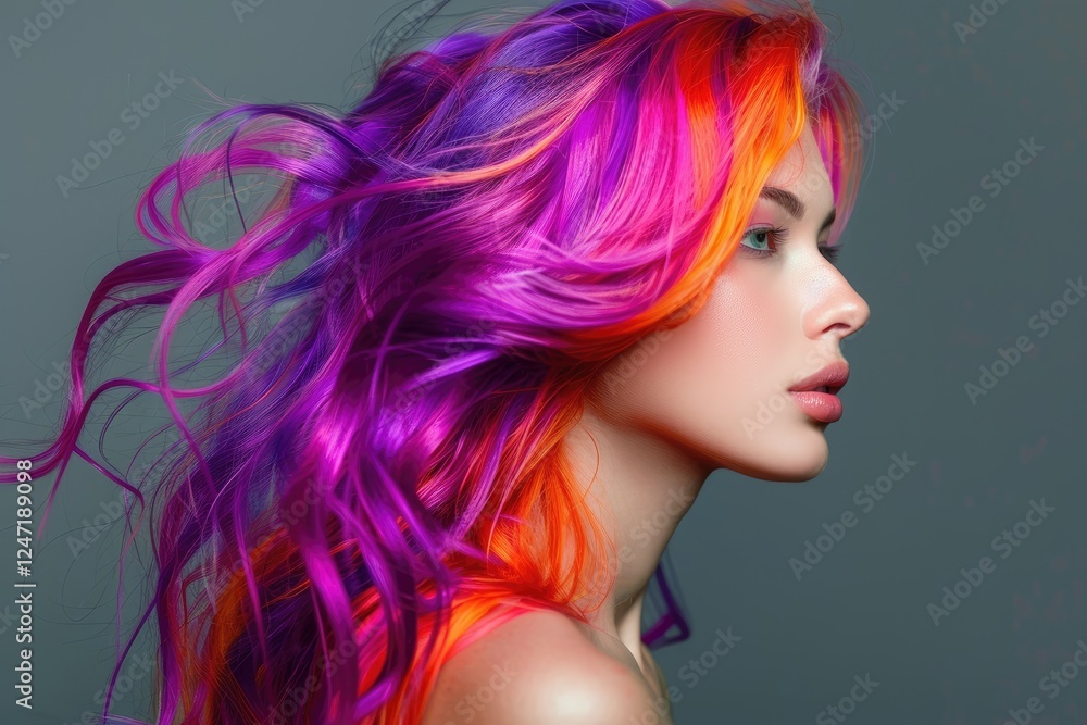 Woman with bright multicolored hair and creative makeup posing against a neutral background in the studio Woman with bright multicolored hair and creative makeup posing against a neutral background in the studio