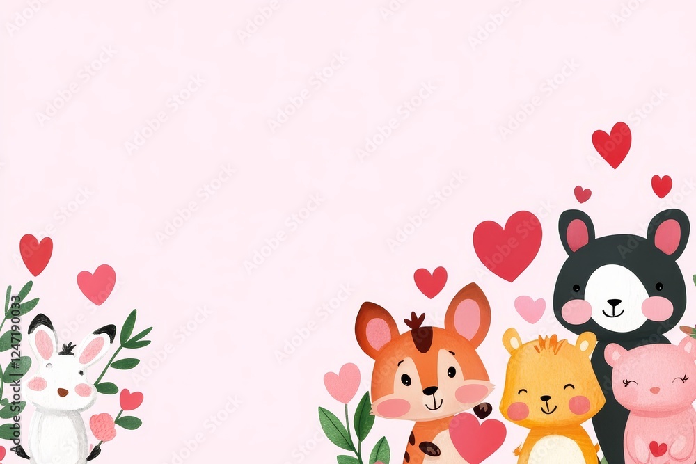 Obraz premium Cute Cartoon Animals with Hearts on Soft Pink Background - This delightful illustration features adorable cartoon animals surrounded by hearts, symbolizing love, friendship, care, joy, and cuteness.