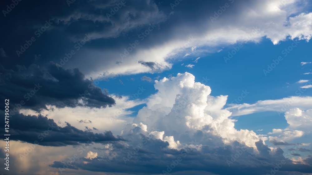 Fototapeta premium Majestic clouds create a dramatic skyline, showcasing a mix of dark storm clouds and bright white cumulus formations against a vivid blue backdrop.