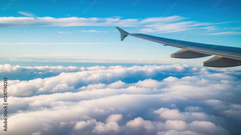 A beautiful view from an airplane wing showcasing soft, fluffy clouds against a vibrant blue sky. A beautiful view from an airplane wing showcasing soft, fluffy clouds against a vibrant blue sky.