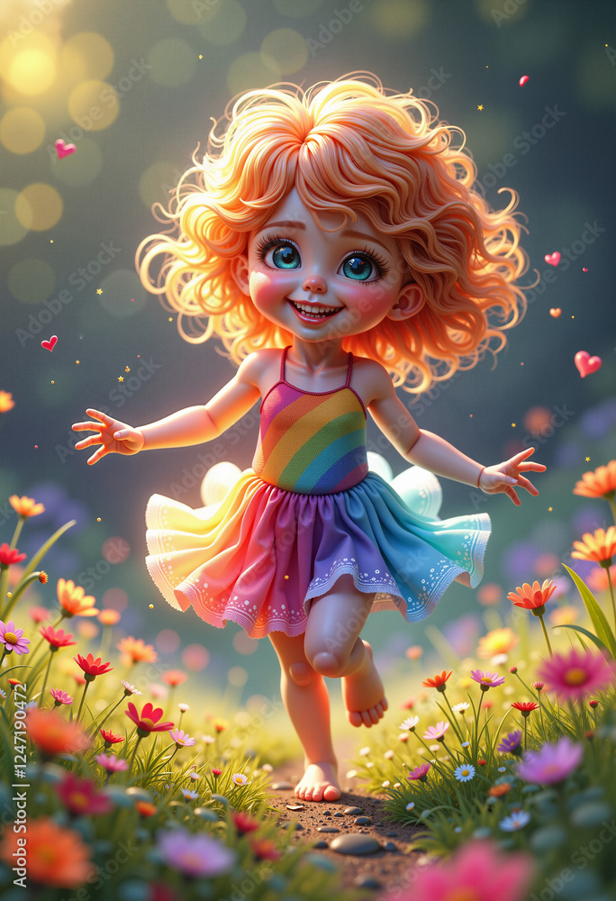 Fototapeta premium Joyful rainbow spirit skipping through vibrant flower meadow, whimsy