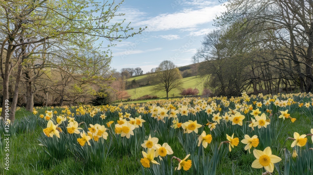 A vibrant field of blooming yellow daffodils under a blue sky, surrounded by lush greenery, creating a serene and cheerful spring atmosphere. A vibrant field of blooming yellow daffodils under a blue sky, surrounded by lush greenery, creating a serene and cheerful spring atmosphere.