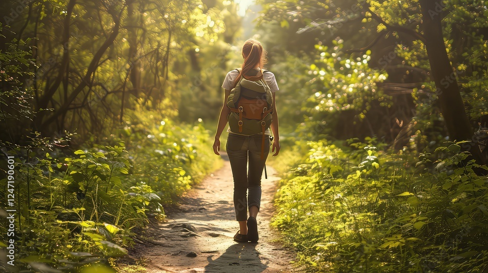 Fototapeta premium A young woman hiking through a forest, with details of the woman's backpack, the trees, and the sunlight filtering through the leaves.