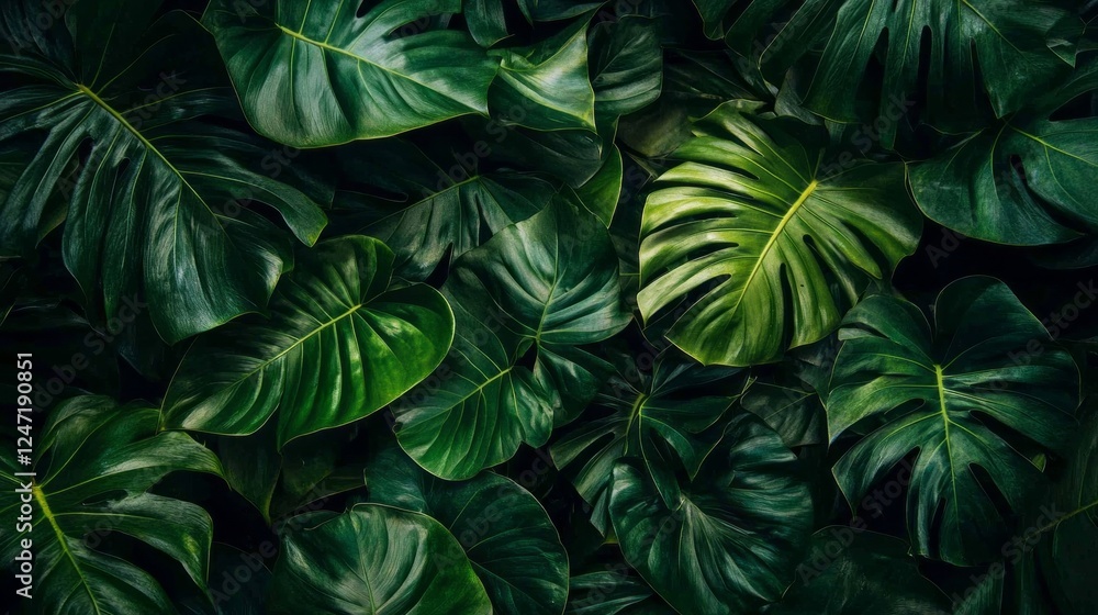 Vibrant green leaves dominate the view, showcasing varied shapes and sizes in a tropical environment. Sunlight filters softly, highlighting the thick foliage that creates a serene atmosphere Vibrant green leaves dominate the view, showcasing varied shapes and sizes in a tropical environment. Sunlight filters softly, highlighting the thick foliage that creates a serene atmosphere