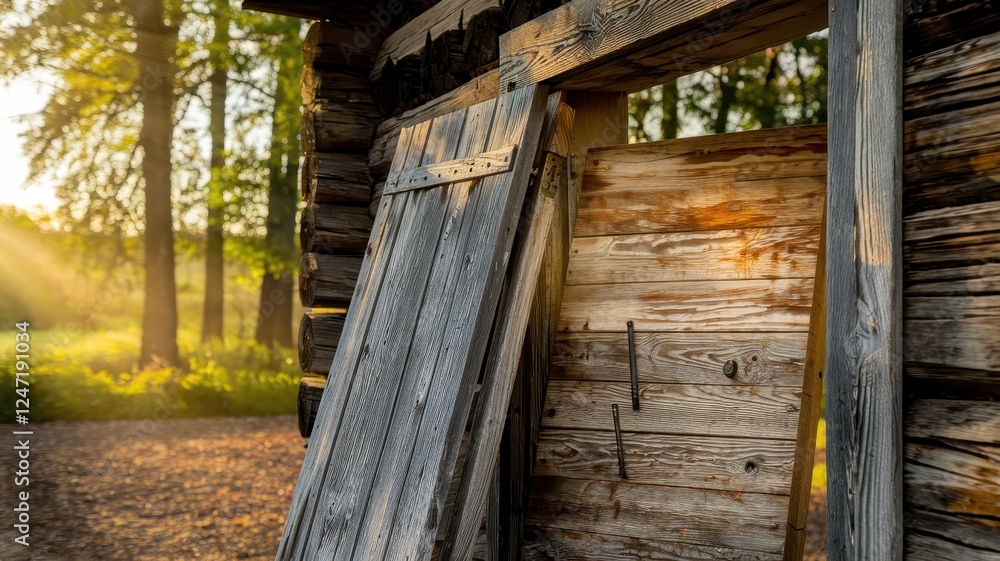 A rustic wooden door stands ajar, revealing warm sunlight filtering through a peaceful forest, highlighting the texture of the weathered wood. A rustic wooden door stands ajar, revealing warm sunlight filtering through a peaceful forest, highlighting the texture of the weathered wood.