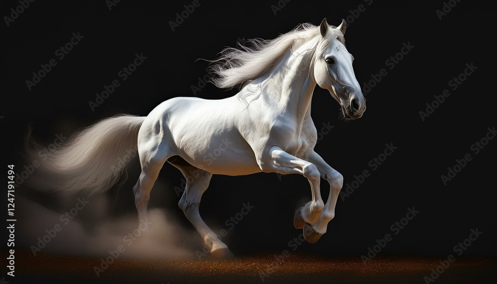 Fototapeta premium Majestic white horse galloping on a dramatic black background.
