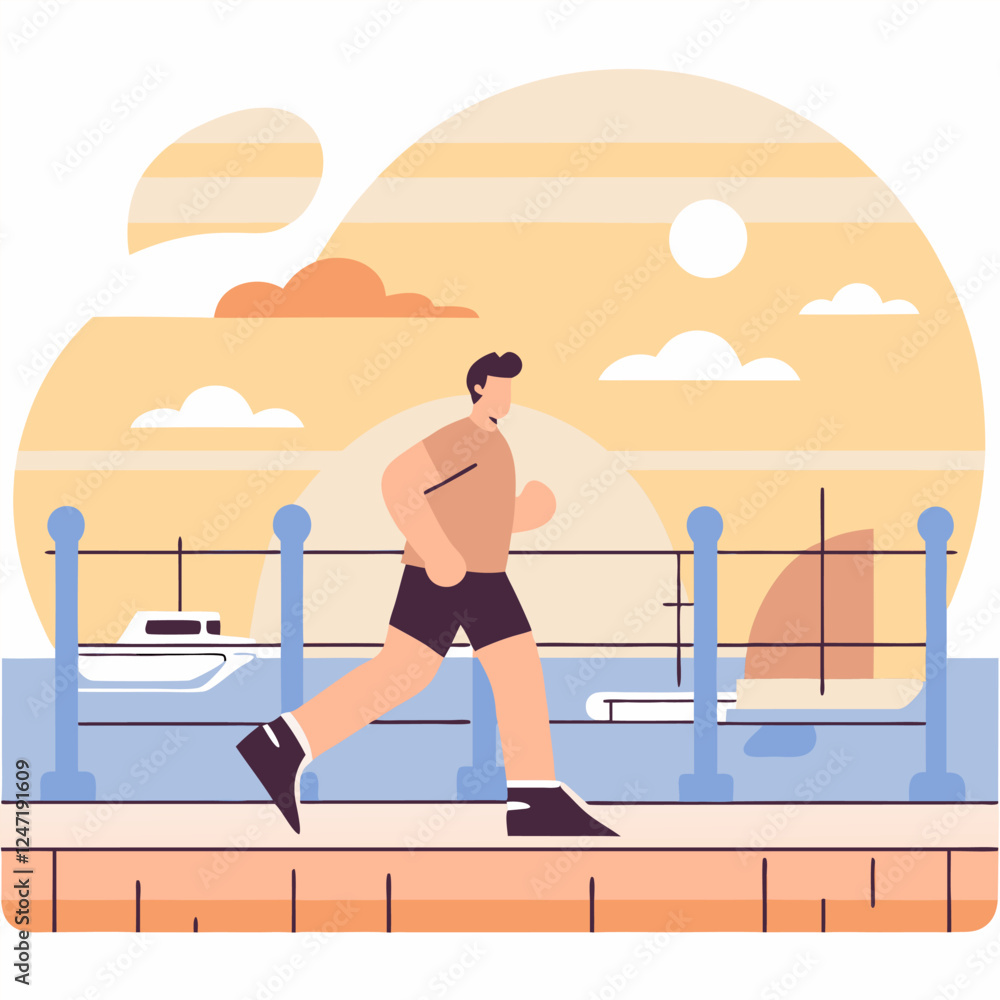 Obraz premium A man jogging by the waterfront. Flat style. Vector illustration.