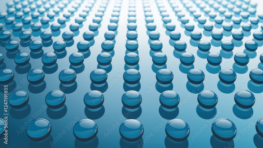 Fototapeta premium A mesmerizing close-up of numerous transparent blue marbles arranged in a grid pattern, reflecting light in a tranquil and symmetrical pattern.